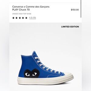 Converse x Comme des Garçons PLAY Chuck 70 in blue.